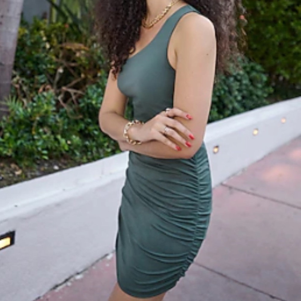 Express Body Contour One Shoulder Ruched Dress Sage Green